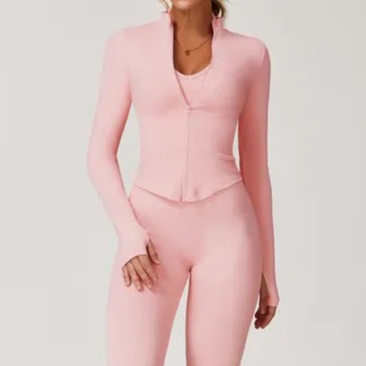 Pink women’s zip-up gym top – sculpting long-sleeve workout jacket with flattering seams by ELEV8HER