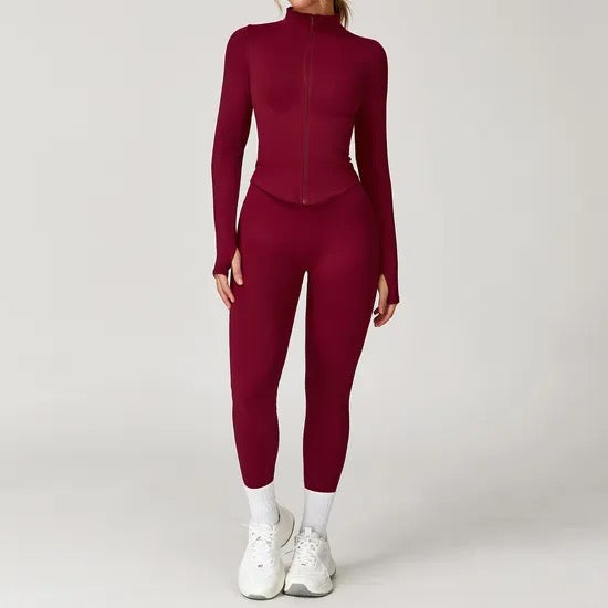 ELEV8HER red women’s matching gym set with zip-up top and leggings – stylish activewear outfit for workouts, training and fitness